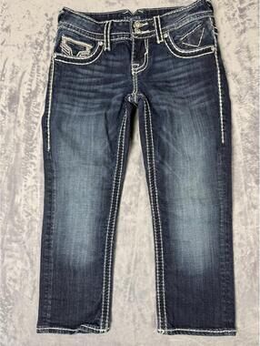 Vigoss Dublin Capri Jeans Womens Size 1/2 Blue Denim Thick Stitch Flap Pocket